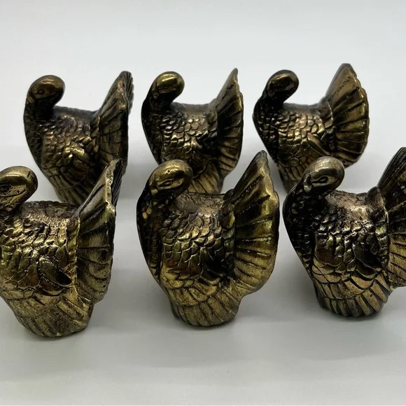 Set of 6 Vintage Brass Thanksgiving Turkey Napkin Rings Fall Harvest - Picture 2 of 4